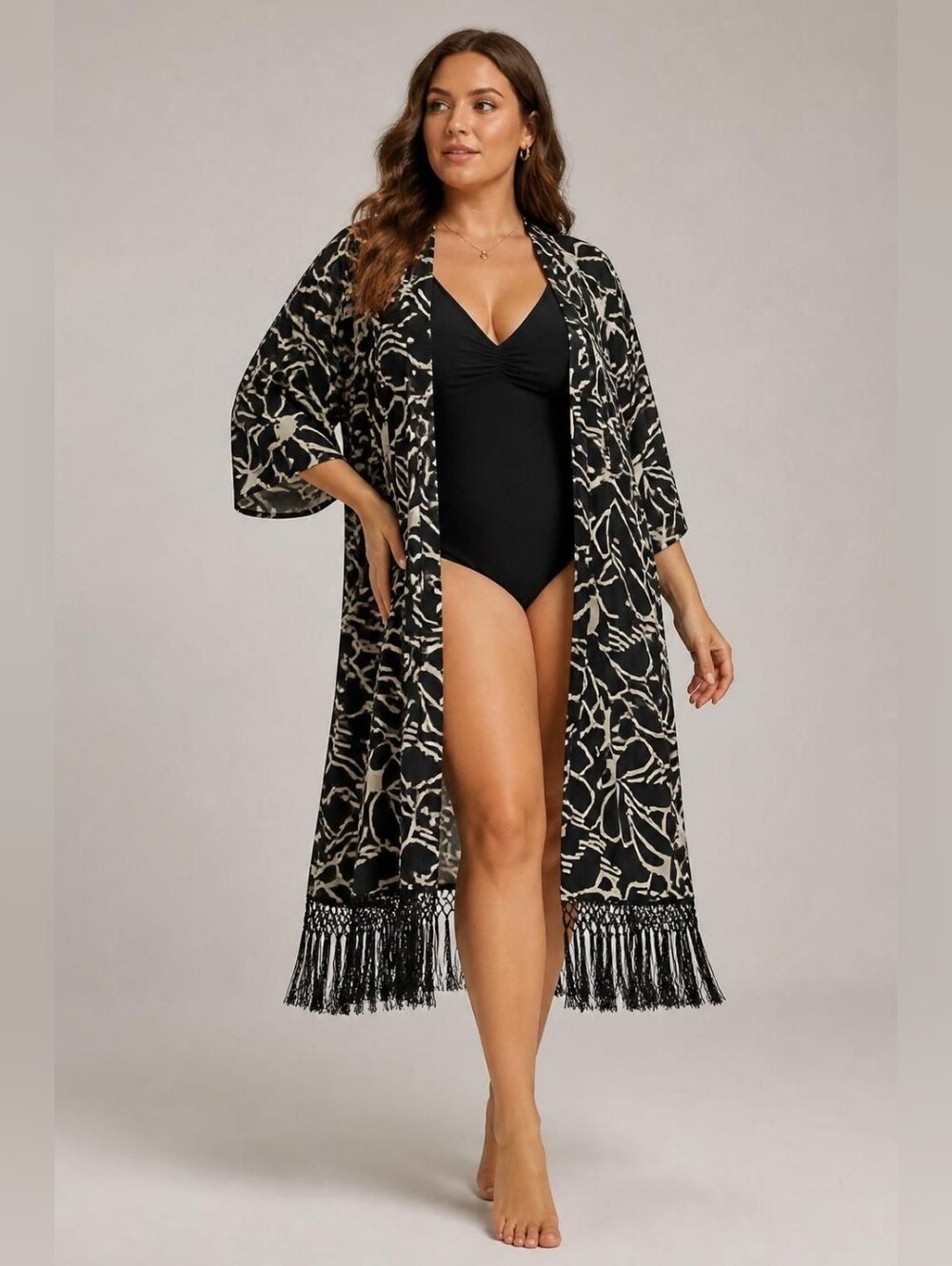 Mlle Gabrielle Black and Cream Abstract Fringe Kimono Swim Cover-Up